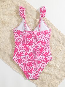 SHEIN Chicas Bañador una pieza con estampado de planta ribete con fruncido - Rosa Fucsia - Ver 2