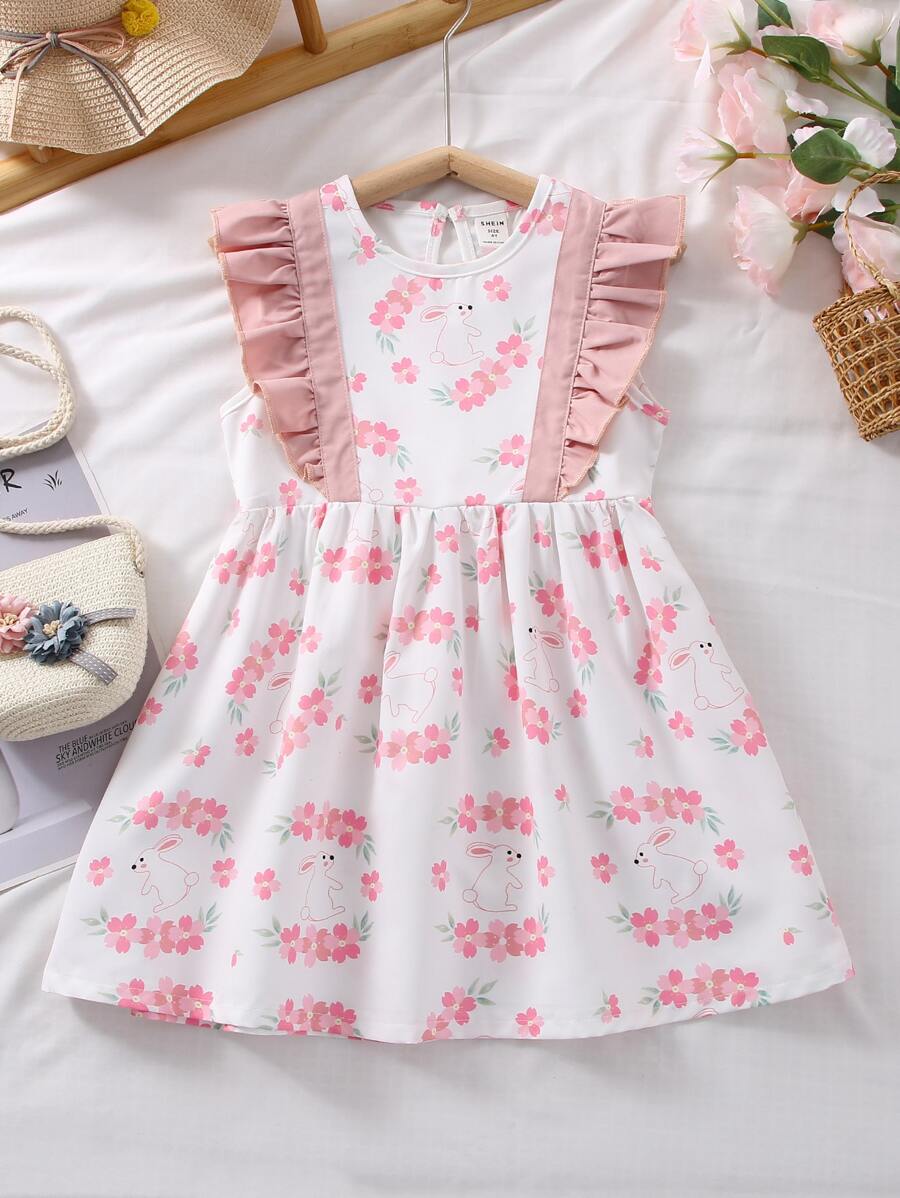 Niñas Vestido floral con con estampado de conejo ribete con fruncido