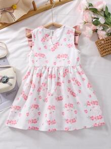 Niñas Vestido floral con con estampado de conejo ribete con fruncido