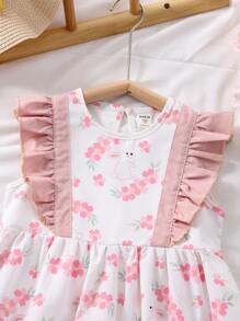Niñas Vestido floral con con estampado de conejo ribete con fruncido