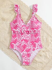 SHEIN Chicas Bañador una pieza con estampado de planta ribete con fruncido - Rosa Fucsia - Ver 5