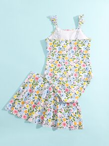 SHEIN 青少年女孩印花連體泳衣附沙灘裙