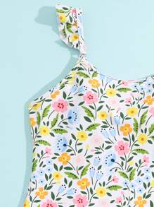 SHEIN 青少年女孩印花連體泳衣附沙灘裙