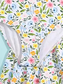 SHEIN 青少年女孩印花連體泳衣附沙灘裙