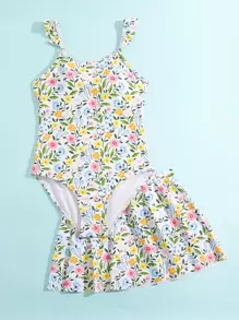 SHEIN 青少年女孩印花連體泳衣附沙灘裙