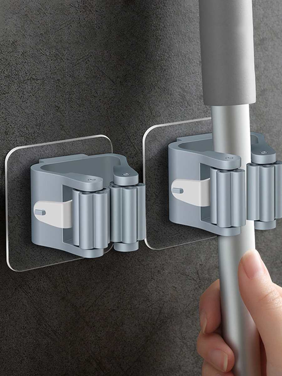 2pcs, Broom Hanger Storage Rack Organizer Clips Clamping Seamless Mop Hooks Bathroom Tools Suction Hanging Pipe Hooks Household Tools - Grey - View 1