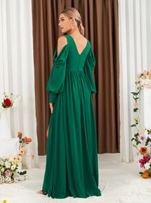 挖肩褶皺面料高衩雪紡伴娘連衣裙 - 綠色 - 查看 2