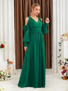 挖肩褶皺面料高衩雪紡伴娘連衣裙 - 綠色 - 查看 4