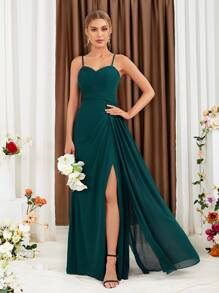 UNITHORSE Vestido de dama de honor de un solo color con abertura alta y tirantes de espagueti para boda - Verde Oscuro - Ver 6