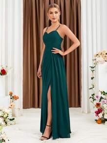UNITHORSE Vestido de dama de honor de un solo color con abertura alta y tirantes de espagueti para boda - Verde Oscuro - Ver 7