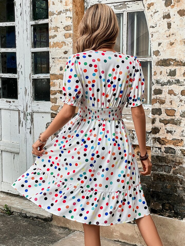 SHEIN VCAY 水玉模様プリント シャーリングウエスト フリル裾