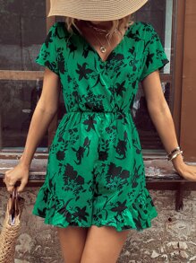 SHEIN VCAY Mono con estampado floral de cuello cruzado bajo con fruncido sin cinturón - Verde - Ver 6