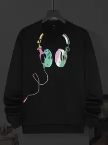 Manfinity Men Reflective Headphone Print Drop Shoulder Sweatshirt - Black - View 1