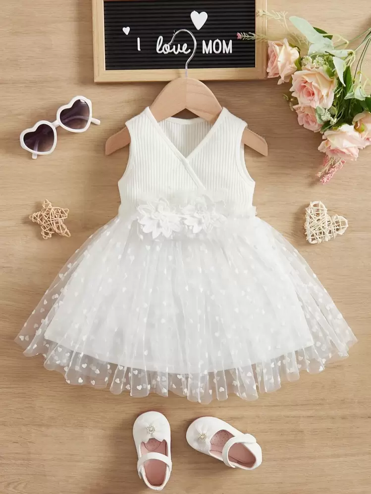 Vestido De Bebé Con Aplicaciones De Malla De Dobby Y Contraste Para Niña - Blanco - Añade 1