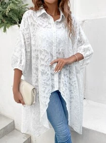 SHEIN VCAY 貼花前短後長蝙蝠袖雪紡襯衫 - 白色 - 查看 5