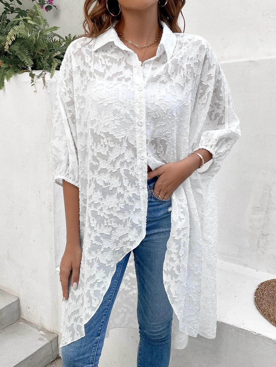 SHEIN VCAY 貼花前短後長蝙蝠袖雪紡襯衫 - 白色 - 查看 1