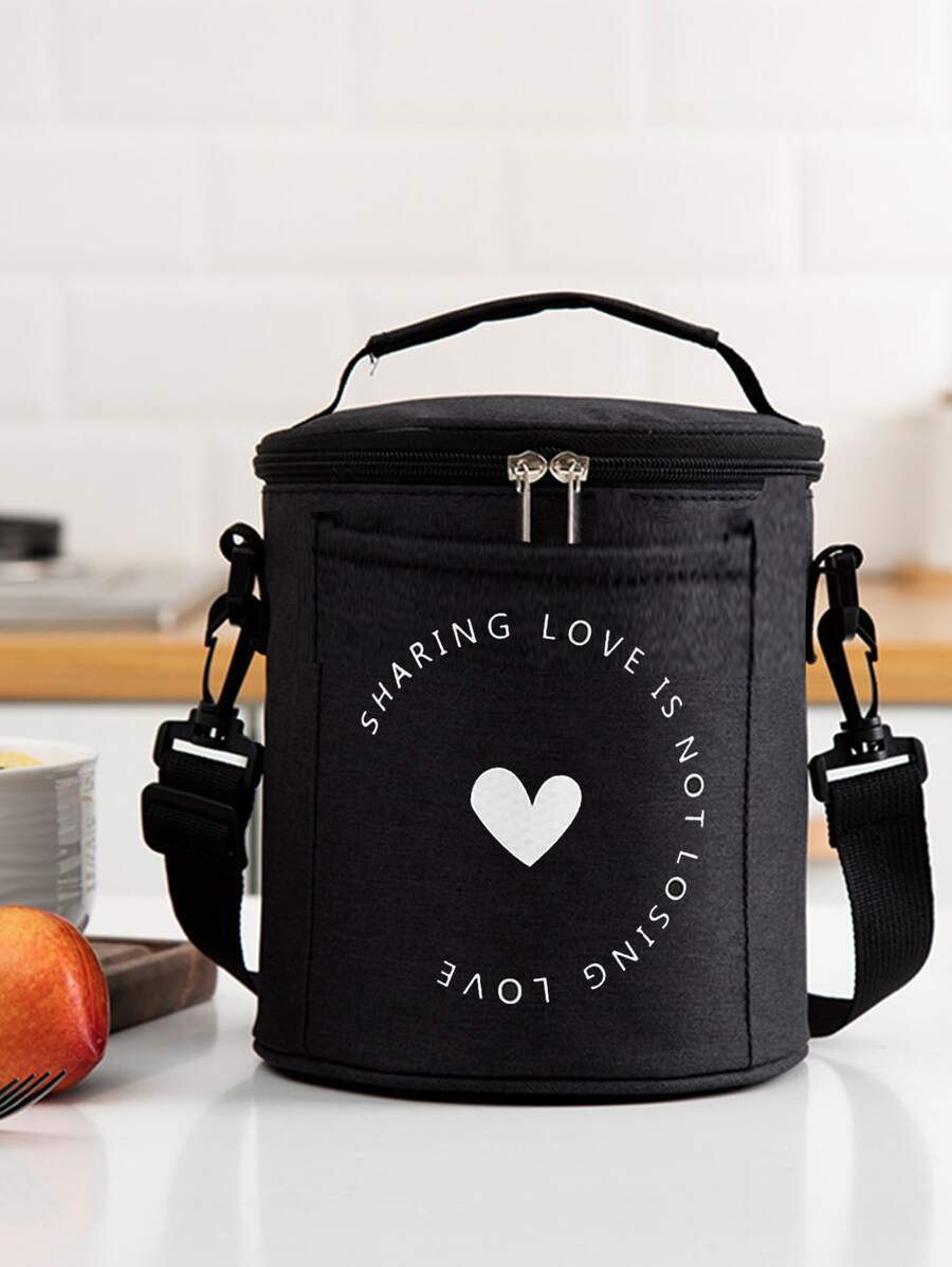 Heart & Slogan Graphic Insulation Lunch Bag - Black - View 1