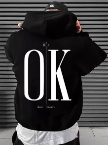 Manfinity EMRG Hombres Capucha con estampado de slogan con cordón - Negro - Ver 1