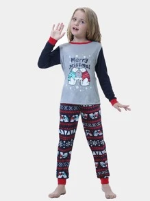 Girls Christmas and Cartoon Print Colourblock 1 Top & 1 Trousers PJ Set - Multicolor - View 1