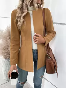 SHEIN Unity Abrigo unicolor con parte delantera abierta - Caqui - Ver 3