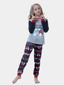 Girls Christmas and Cartoon Print Colourblock 1 Top & 1 Trousers PJ Set - Multicolor - View 4