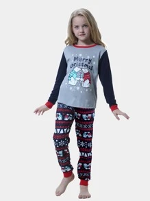 Girls Christmas and Cartoon Print Colourblock 1 Top & 1 Trousers PJ Set - Multicolor - View 5