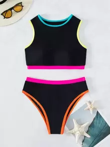 SHEIN Swim Conjunto de bikini con cenefa de contraste para verano y playa - Negro - Ver 6