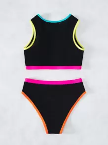 SHEIN Swim Conjunto de bikini con cenefa de contraste para verano y playa - Negro - Ver 5