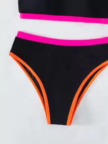 SHEIN Swim Conjunto de bikini con cenefa de contraste para verano y playa - Negro - Ver 4