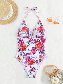 Traje de baño de una pieza con estampado floral y escote de halter, para el verano y las vacaciones en la playa - Multicolor - Ver 4