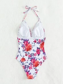 Traje de baño de una pieza con estampado floral y escote de halter, para el verano y las vacaciones en la playa - Multicolor - Ver 3