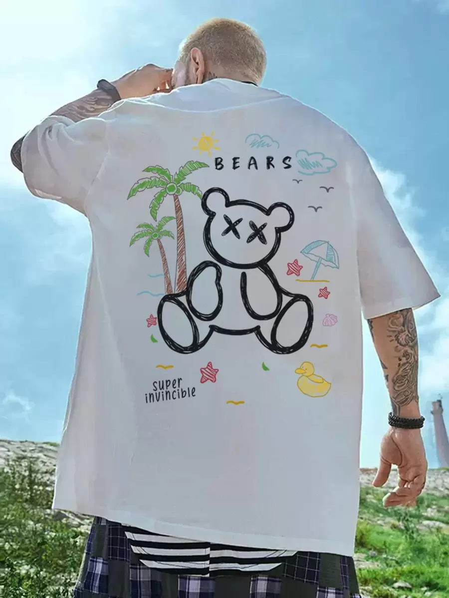 Manfinity Hypemode Loose Fit Men Cartoon Bear & Letter Graphic T-Shirt - White - View 1