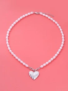 人造珍珠裝飾愛心掛飾項鍊 - 銀色 - 查看 1