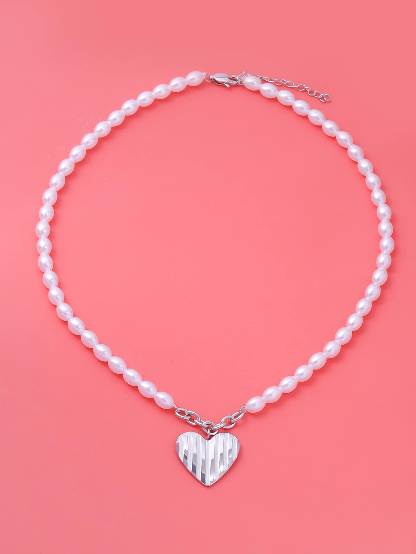 人造珍珠裝飾愛心掛飾項鍊 - 銀色 - 查看 1