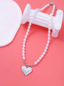 人造珍珠裝飾愛心掛飾項鍊 - 銀色 - 查看 2