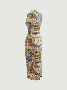 SHEIN MOD 小高領滿版印花緊身連衣裙 - 彩色 - 查看 8