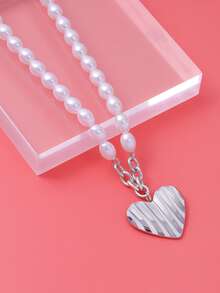 人造珍珠裝飾愛心掛飾項鍊 - 銀色 - 查看 3