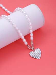 人造珍珠裝飾愛心掛飾項鍊 - 銀色 - 查看 4