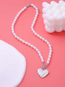 人造珍珠裝飾愛心掛飾項鍊 - 銀色 - 查看 5