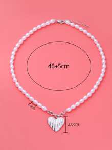 人造珍珠裝飾愛心掛飾項鍊 - 銀色 - 查看 6