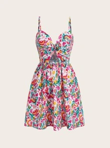 Amy Christine Artist Girlcore Floral Print Cut Out Twist Front Cami Elegant Dress, Sundress Summer Elegant Dress, For Holiday, Vacation, Beach, Festival, Ibiza Fits - Multicolor - View 1