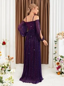 Cold Shoulder Split Thigh Glitter Bridesmaid Dress