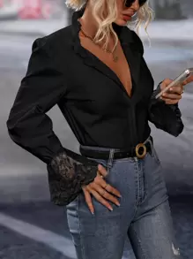 SHEIN Essnce Contrast Lace Frill Trim Flounce Sleeve Shirt - Black - View 1