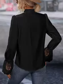 SHEIN Essnce Contrast Lace Frill Trim Flounce Sleeve Shirt - Black - View 2