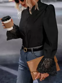 SHEIN Essnce Contrast Lace Frill Trim Flounce Sleeve Shirt - Black - View 4