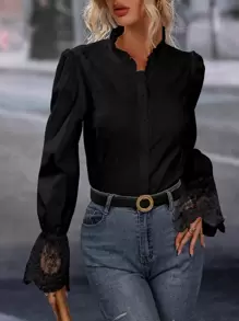 SHEIN Essnce Contrast Lace Frill Trim Flounce Sleeve Shirt - Black - View 5