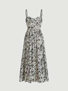 Vestido De Tirantes De Estructura Corsé Con Estampado Floral Y Contraste En Los Bordes - Blanco y Negro - Ver 2