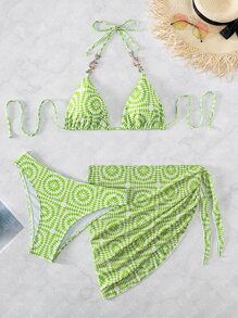 SHEIN Swim 全印花珠鍊繫頸三角形夏季沙灘比基尼套裝，附沙灘裙 - 青檸色 - 查看 4