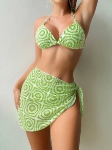 SHEIN Swim 全印花珠鍊繫頸三角形夏季沙灘比基尼套裝，附沙灘裙 - 青檸色 - 查看 7