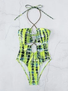 Tie Dye Cut Out Halter One Piece Swimsuit - Lime Green - View 3